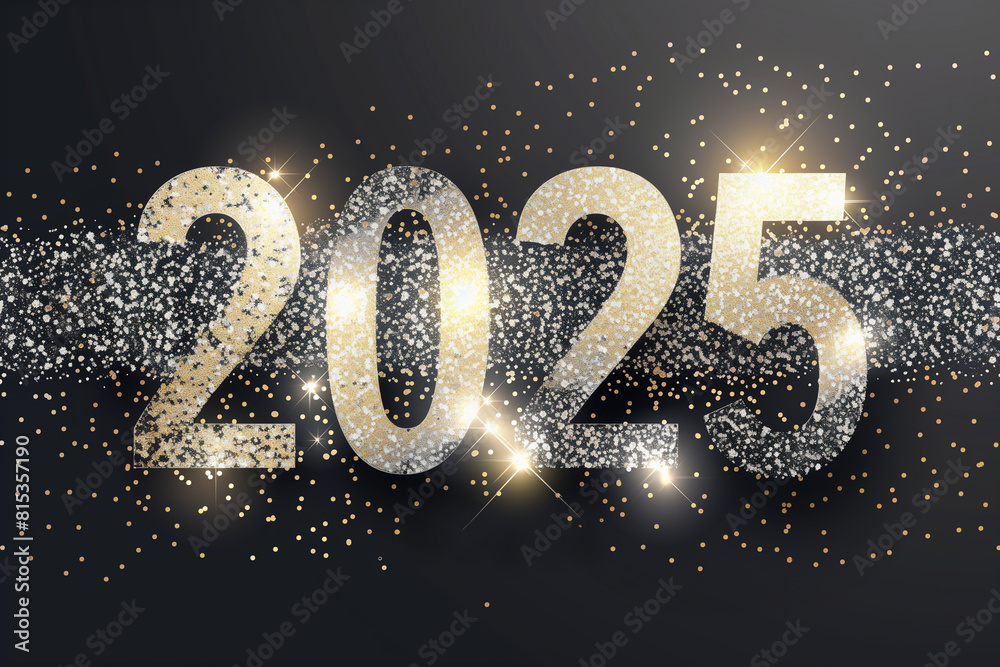 année 2025, chiffres dorés étincelants dans des paillettes argentées ou confettis brillants argentés sur un fond noir mat. Carte de vœux, invitation, fêtes de fin d'année, année 2025, chiffres dorés étincelants dans des paillettes argentées ou confettis brillants argentés sur un fond noir mat. Carte de vœux, invitation, fêtes de fin d'année,