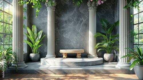 Background podium column 3d roman luxury greek white ancient display product classic. Podium platform background column pillar stage minimal stand beauty design greece render scene plant cosmetic rome