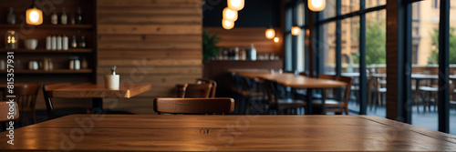 wooden table in front of abstract blurred background of restaurant lights.interior in clean and bright kitchen background, Ready for display, Banner, for product montage © MDSAYDUL