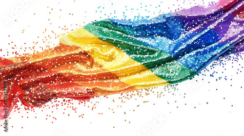 Closeup of a vivid rainbow flag with glitter for LGBT on a transparent background. Isolated decorating elements for Pride month background design.