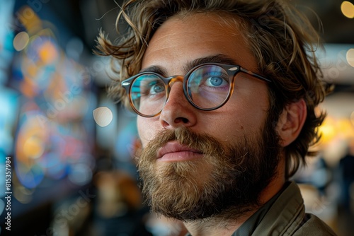 Close-up of a young business professional with a beard wearing glasses