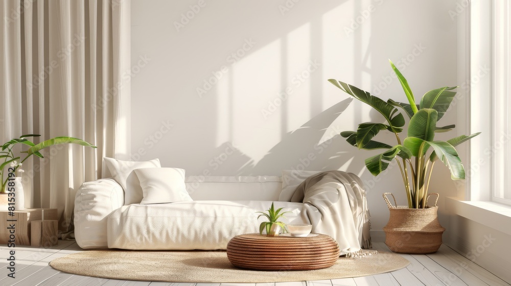 Naklejka premium Great as Interior Furniture Design Inspiration Minimal Modern Elegant Neutral Cozy White Scandinavian Living Room with Sofa and Plants Soft Earthy Colors