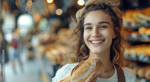 Happy young woman with baguette in hands near bakery