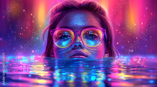 A woman is in a pool of water with neon colors and a glowing effect