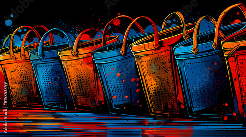 A row of buckets with different colors and sizes