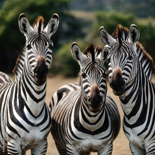 zebras in zoo stand together and take photo 