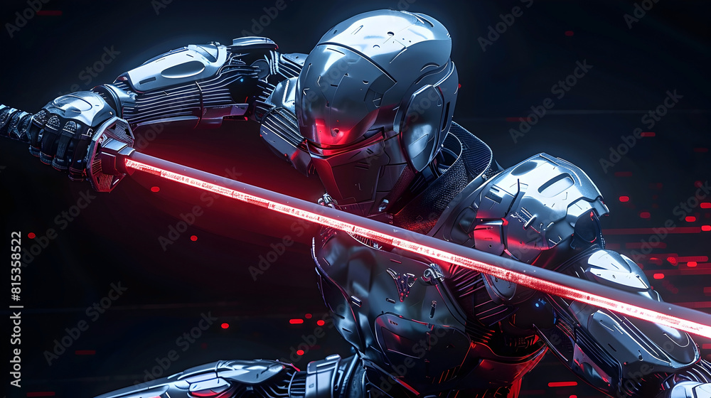 Fototapeta premium Cyborg Ninja Warrior Wielding Advanced Plasma Sword in Dramatic Cinematic Lighting and Perspective