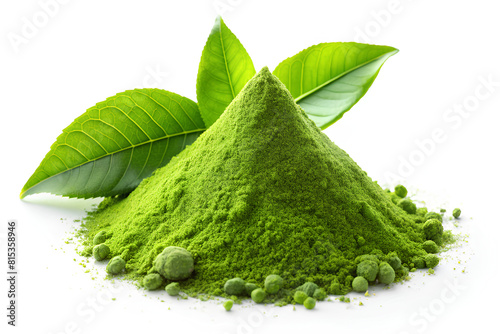 Heap of green matcha tea powder and leaves isolated on white background