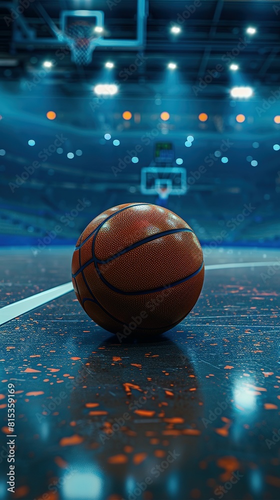 basketball ball on a floor of basketball arena, low angle, dim lights, dark blue atmosphere, immensely detailed, hyper realistic, photorealism basketball ball on a floor of basketball arena, low angle, dim lights, dark blue atmosphere, immensely detailed, hyper realistic, photorealism