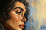 portrait d'une femme brune type méditerranéen ou sud-américain, de profil avec espace négatif copyspace. Peinture à l'huile.