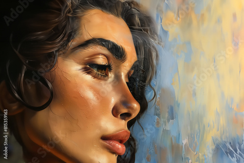 portrait d'une femme brune type méditerranéen ou sud-américain, de profil avec espace négatif copyspace. Peinture à l'huile. photo