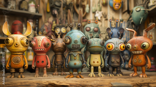 A group of colorful alien toys with big eyes stand in a row