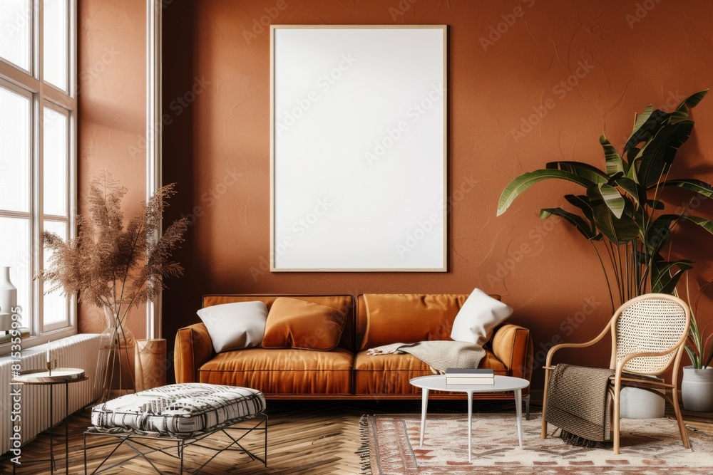Poster Mockup in Brown Scandinavian Interior created with Generative AI Poster Mockup in Brown Scandinavian Interior created with Generative AI