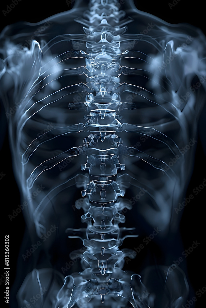 Detailed X-Ray Visualization of the Human Torso Skeleton with Rib Cage and Spine in Cinematic Blue Tones Detailed X-Ray Visualization of the Human Torso Skeleton with Rib Cage and Spine in Cinematic Blue Tones