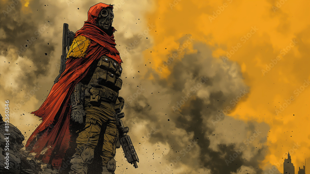 Fototapeta premium A soldier in a red cape stands on a hilltop, looking out over a barren wasteland