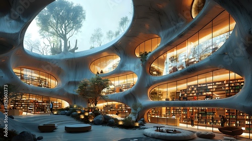 Futuristic Business & Money Library Interior with People Reading and Discussing