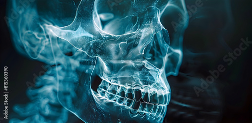 Detailed X-ray Cranial Structure with Teeth in Soft Blue Hues on Black Background photo