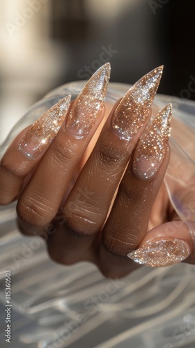Photo of woman hand with manicure in beautiful fashion neutral colors. Pretty elegant acrylic glitter gel polish stiletto nail manicure wear armor long nails for spa salon web advertising branding