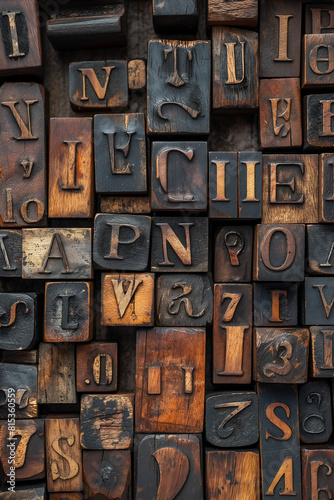 A wooden background with a jumble of vintage letterpress printing blocks.