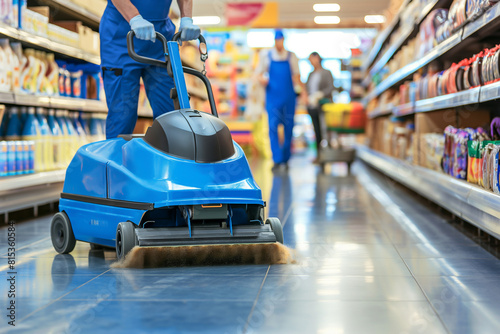 A worker cleans the supermarket floor with a machine