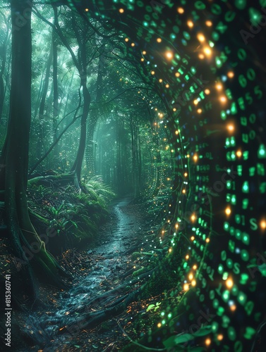 AI coding screen with matrix code, green and black theme, close up on scrolling text, vivid colors, Double exposure silhouette with a digital forest