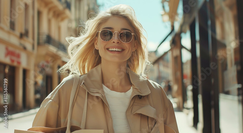 Portrait of happy smiling young woman with shopping bags walking down the street in city, wearing sunglasses and beige jacket. Beautiful blonde girl enjoying luxury fashion shoping at sunny day © Kien