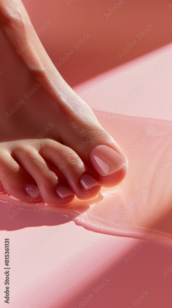 Photo of woman foot with pedicure in beautiful fashion neutral colors. Elegant acrylic nude color gel polish coffin nail manicure wear armor artificial nails for spa salon web advertising branding Photo of woman foot with pedicure in beautiful fashion neutral colors. Elegant acrylic nude color gel polish coffin nail manicure wear armor artificial nails for spa salon web advertising branding