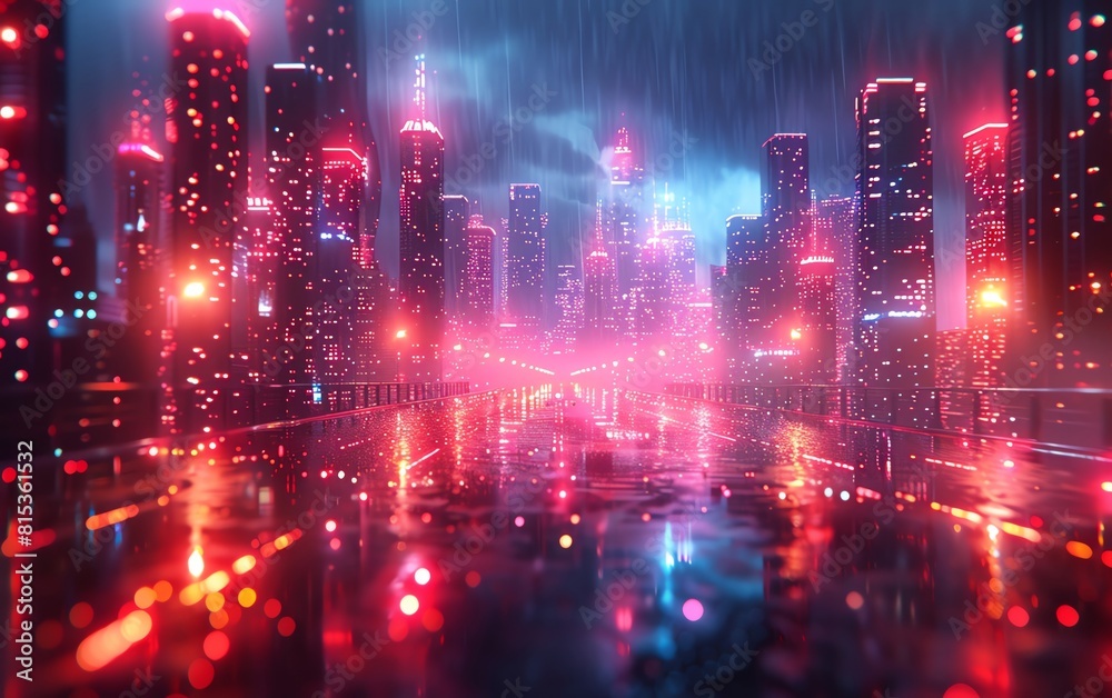 Futuristic city governed by AI, neon pink and blue lights, close up on a smart building facade, vivid colors, Double exposure silhouette with a neural network