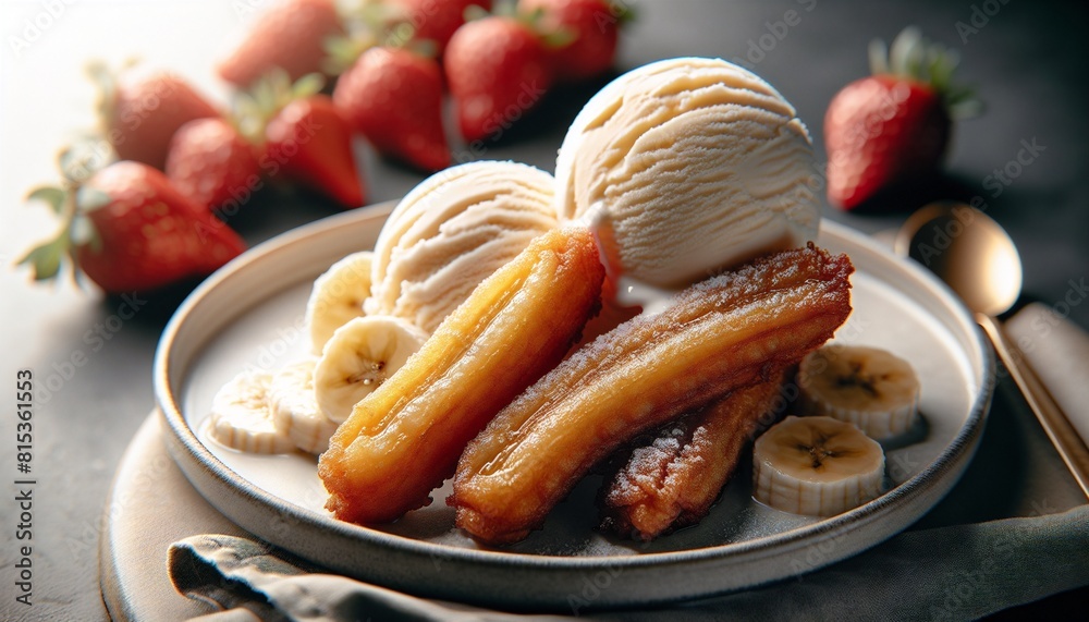 Fototapeta premium fried bananas and ice cream