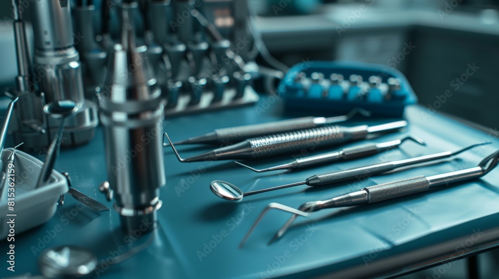 A detailed close-up of a dental drill and other tools A detailed close-up of a dental drill and other tools