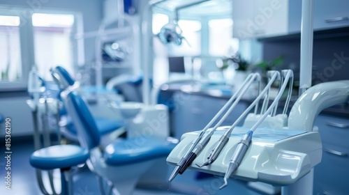 A detailed view of dental instruments in a clean  high-tech office