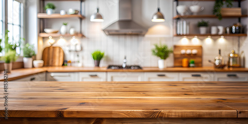 Wood table top on blurred kitchen background. can be used mock up for montage products photo