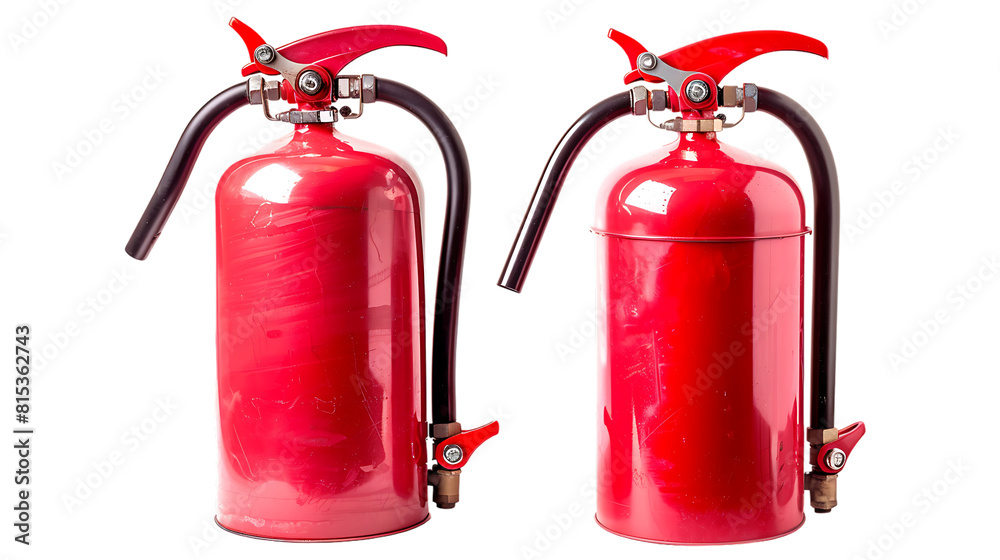 Two red fire extinguishers isolated on transparent background Two red fire extinguishers isolated on transparent background