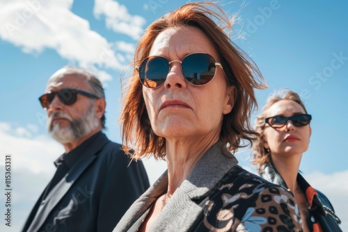 Portrait of senior couple in sunglasses against blue sky with clouds.