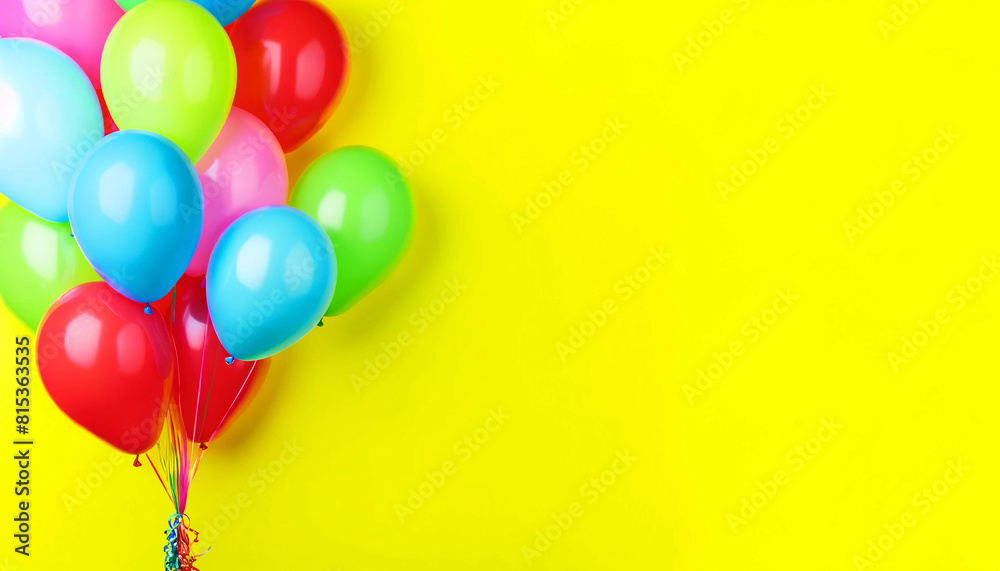 A bunch of bright, colorful balloons of various sizes against a vibrant yellow color background A bunch of bright, colorful balloons of various sizes against a vibrant yellow color background