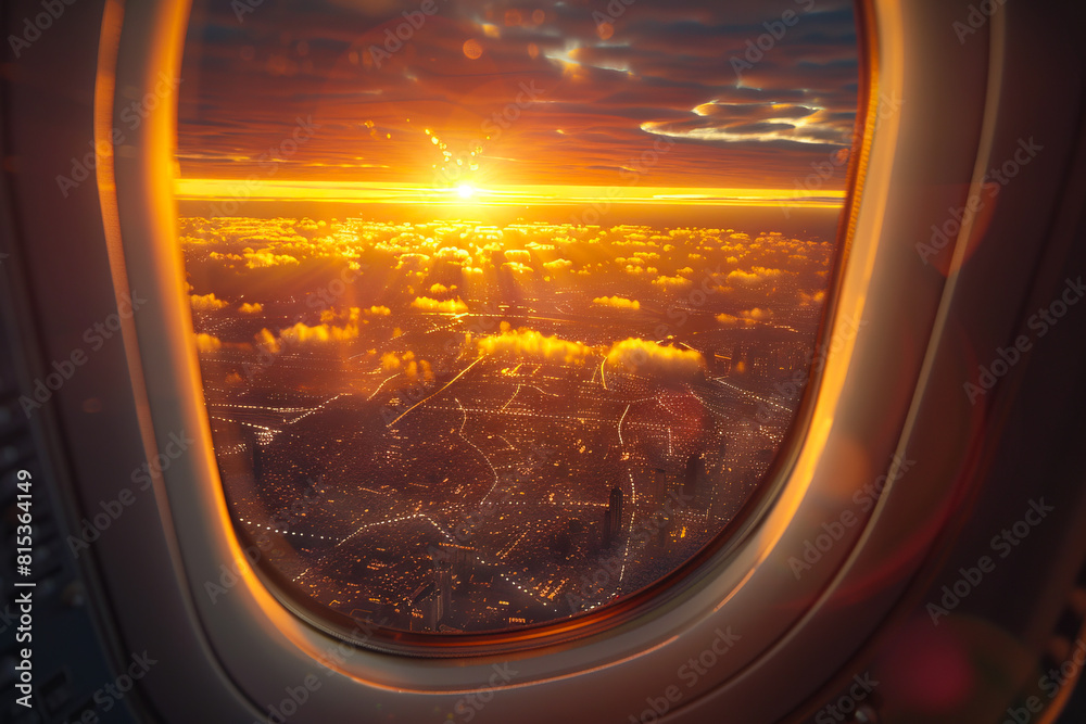 A view of the sun setting through an airplane window.