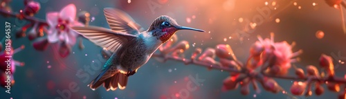 Hummingbird in Floral Elegance Blurred Wings in Motion Against Vibrant Floral Backdrop