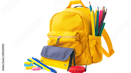 Yellow school backpack with school supplies isolated on transparent background
