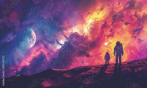 Two astronauts on a hill under a vibrant galaxy. Generate AI