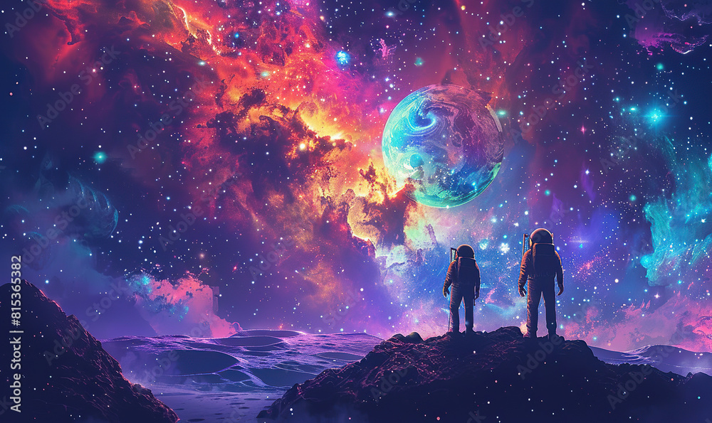 Two astronauts on a hill under a vibrant galaxy. Generate AI