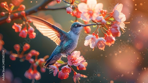 Vibrant Hummingbird Hovering Over Bright Blossoms in Lush Floral Garden