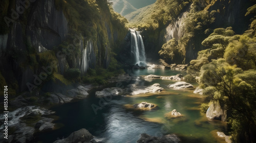 Aerial view of waterfall in the mountain by drone. Amazing nature landscape.