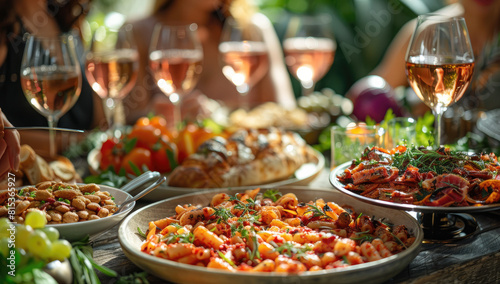 A group of friends are enjoying an Italian-style meal  with red wine and delicious dishes like prawns  salad  and pasta on the table. Created with Ai