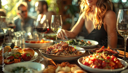 A group of friends are enjoying an Italian-style meal  surrounded by rustic dishes and red wine glasses. Created with Ai