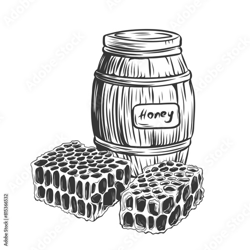  Wooden barrel with honey and honeycomb composition. Hand drawn organic food in engraving style isolated on white background. Woodcut, etching