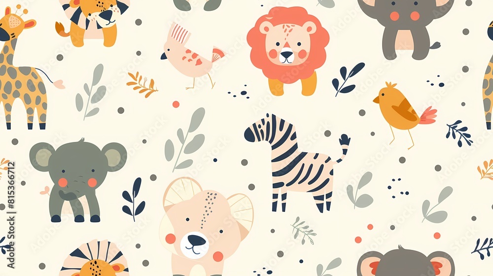 Fototapeta premium A colorful playful pattern of cute cartoon jungle animals and foliage