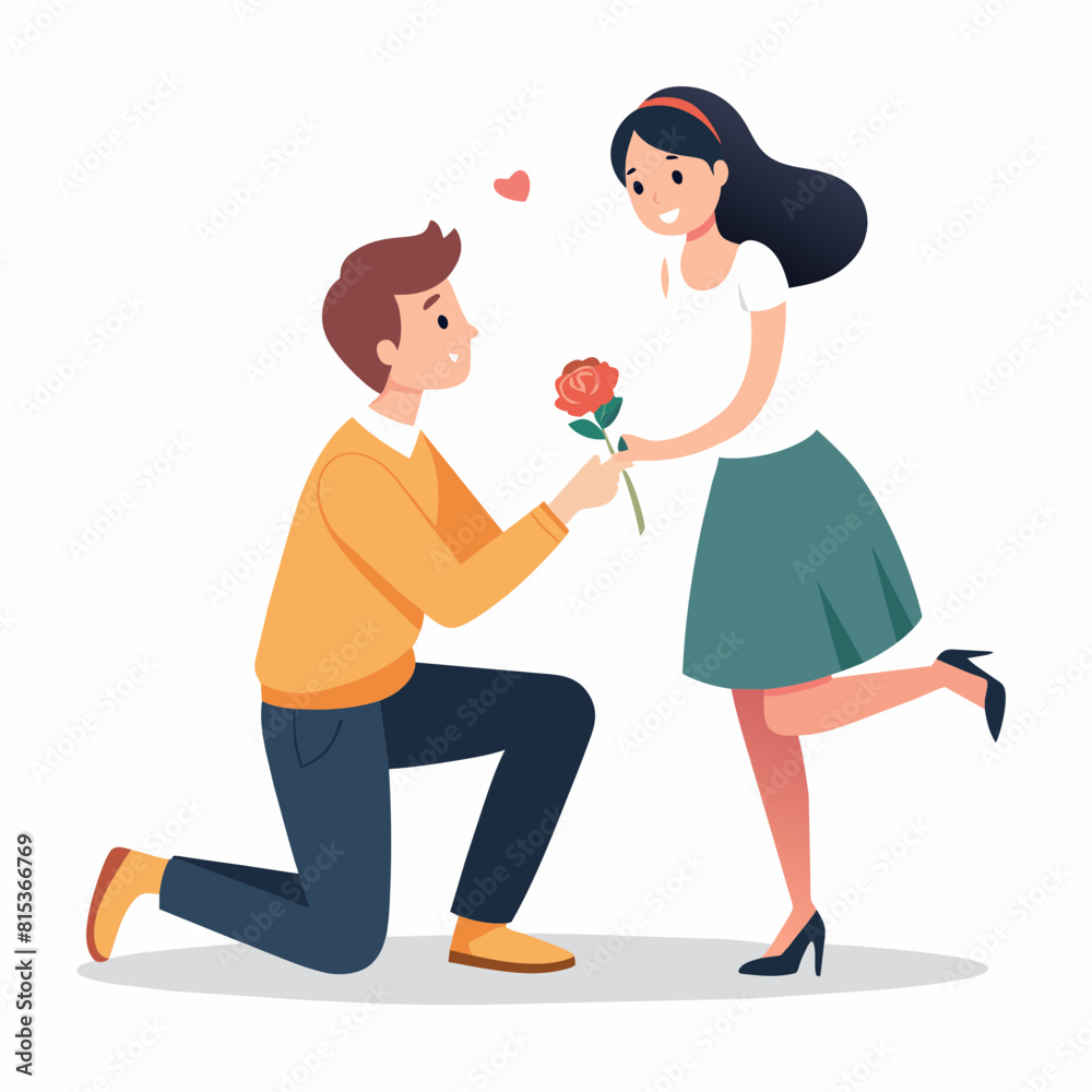 Vector illustration of a Boyfriend proposing to his girlfriend in a romantic moment by breaking his knee Vector illustration of a Boyfriend proposing to his girlfriend in a romantic moment by breaking his knee