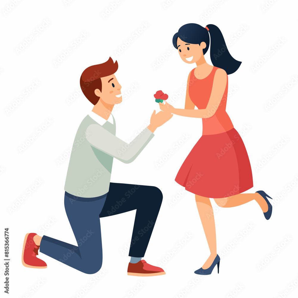 Vector illustration of a Boyfriend proposing to his girlfriend in a romantic moment by breaking his knee Vector illustration of a Boyfriend proposing to his girlfriend in a romantic moment by breaking his knee