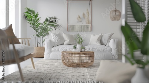 Great as Interior Furniture Design Inspiration Minimal Modern Elegant Neutral Cozy White Scandinavian Living Room with Sofa and Plants Soft Earthy Colors 