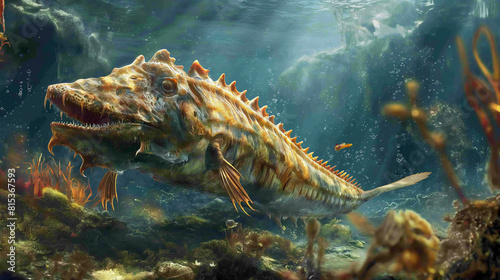 Prehistoric fish Dunkleosteus swims in the ocean photo